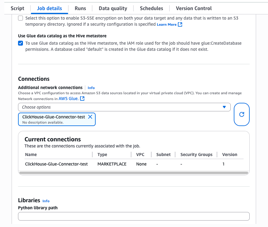 Glue Notebook connections config